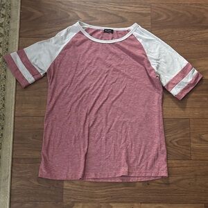 Red/Pink and White Raglan Sleeve Tee with Stripe Detail Baseball Casual